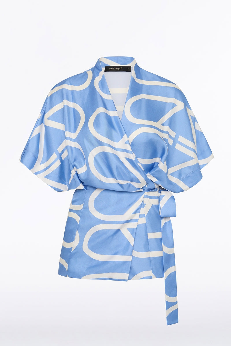 Carla Zampatti Pacific And Ivory Grid Silk Relaxed Wrap Top (Blue)