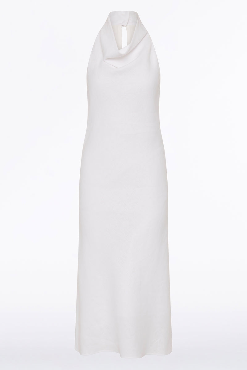 Carla Zampatti Linen Cowl Neck Midi Dress (Ivory)
