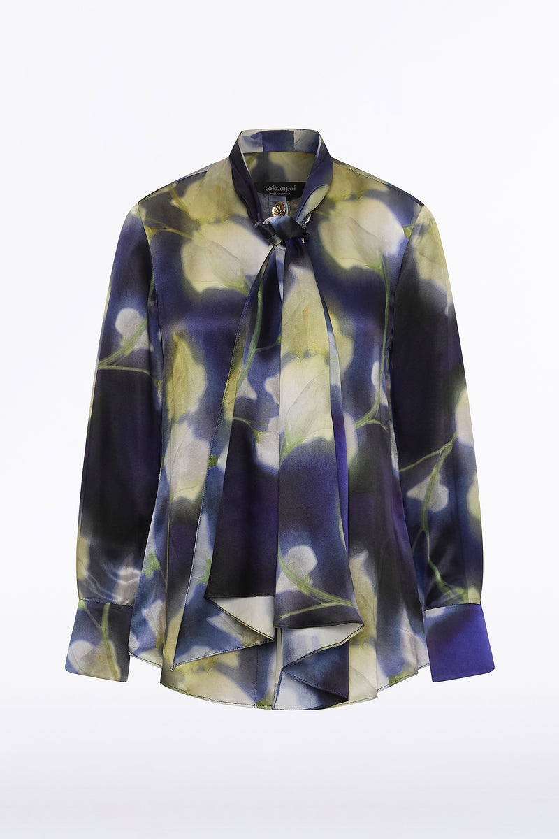Carla Zampatti Calla Lily Silk Viscose Tie Neck Top (Blue)