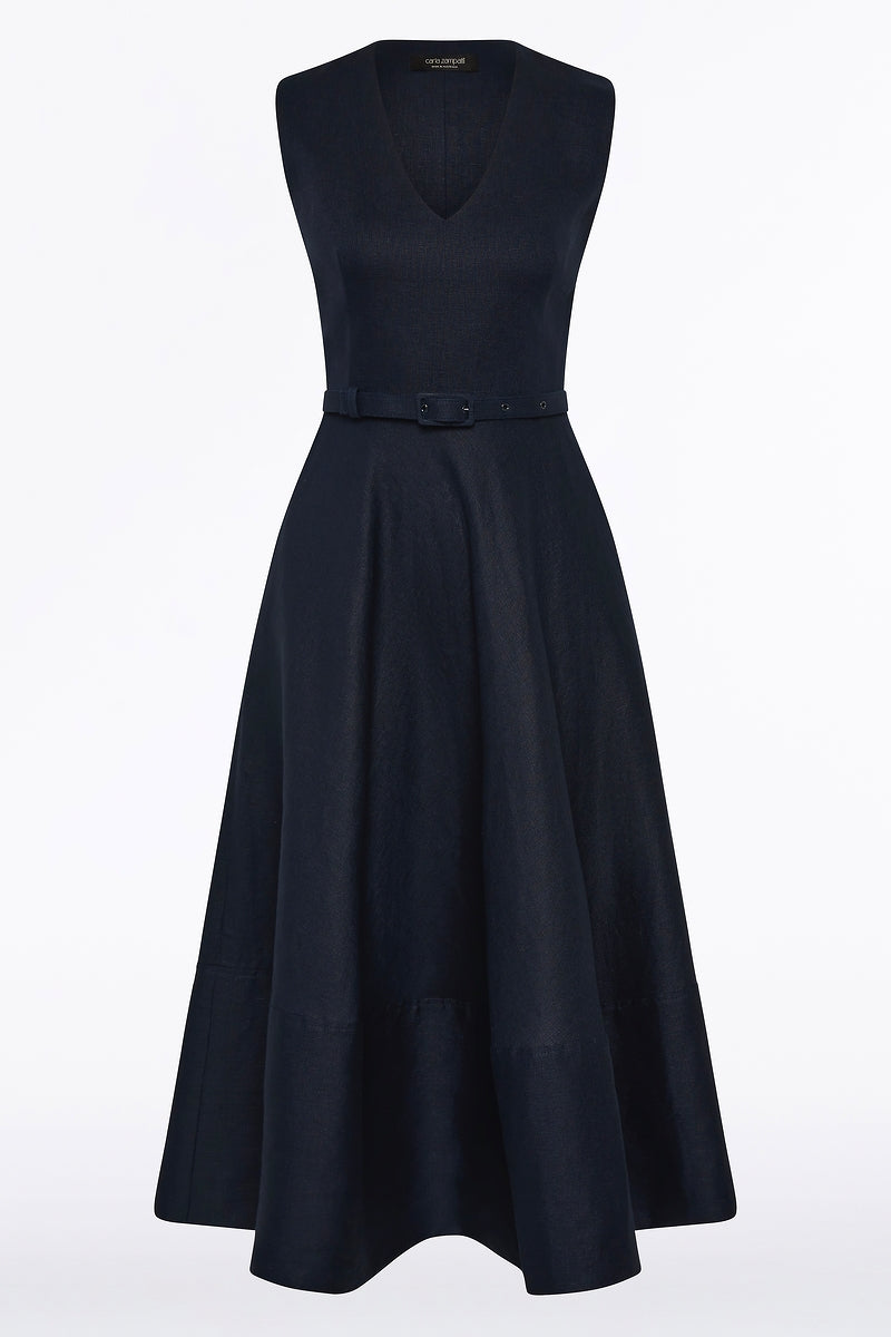 Carla Zampatti Linen Belted Midi Dress (Navy)