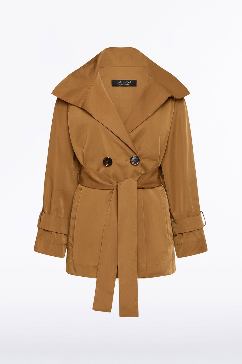 Carla Zampatti Camel Taffeta Twill Short Trench Coat (Brown)