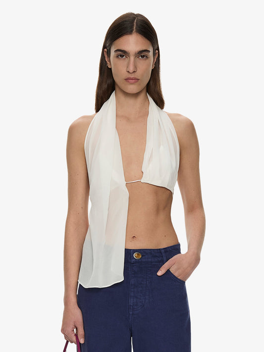 Image of a model wearing Tops. Product name - Silk Scarf Chain Bra Top in White colour by brand - CHRISTOPHER ESBER