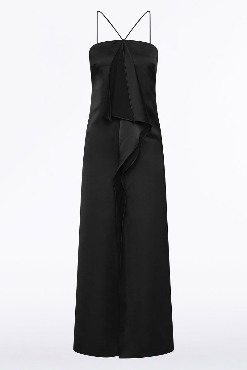 Carla Zampatti Lustre Satin Frill Front Dress (Black)