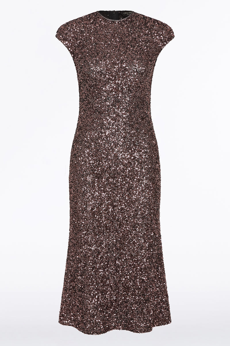 Carla Zampatti Copper Sequin Fluted Midi Dress (Bronze)