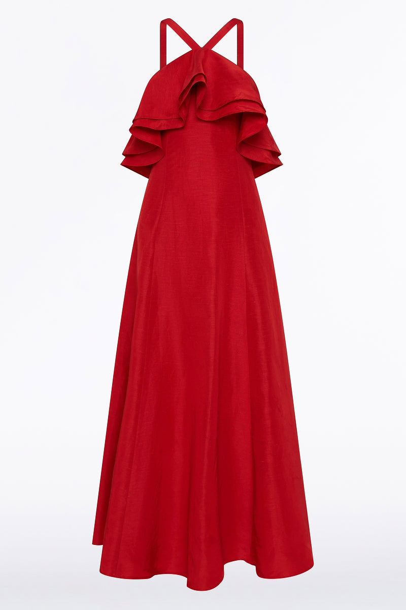 Carla Zampatti Crimson Linen Blend Frill Maxi Dress (Red)