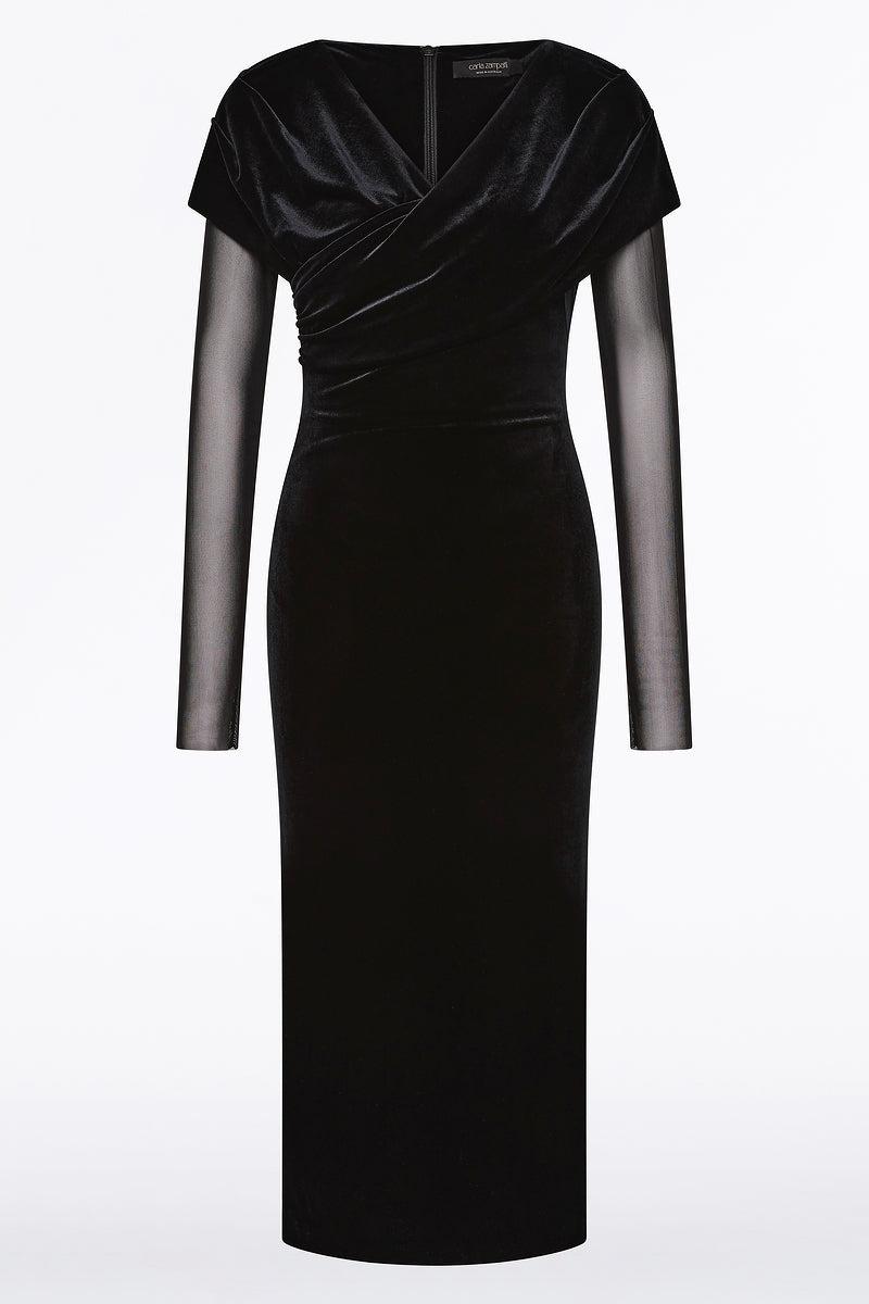 Carla Zampatti Velvet Mesh Draped Shoulder Midi Dress (Black)