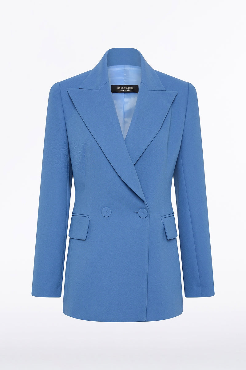 Carla Zampatti Atlas Crepe Double Breasted Relaxed Blazer (Blue)