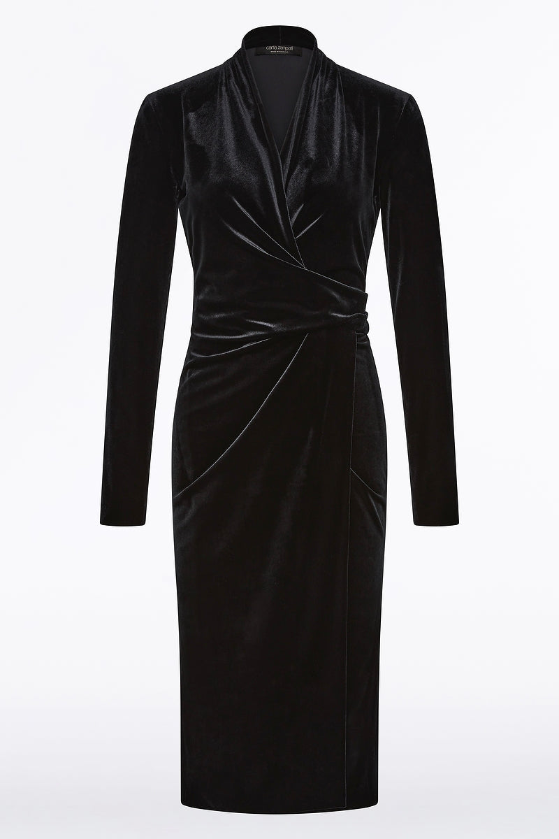 Carla Zampatti Velvet Tie Front Midi Dress (Black)