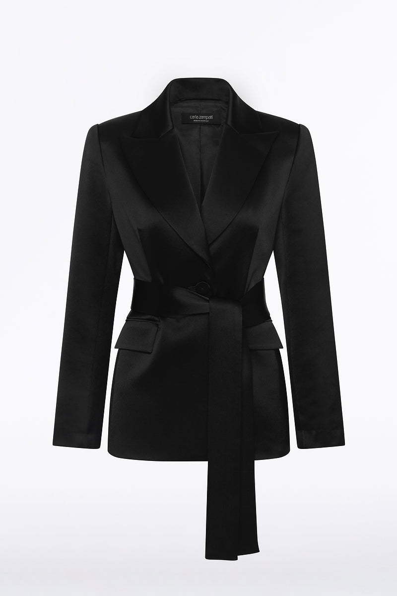 Carla Zampatti Satin Acetate Tie Waist Blazer (Black)