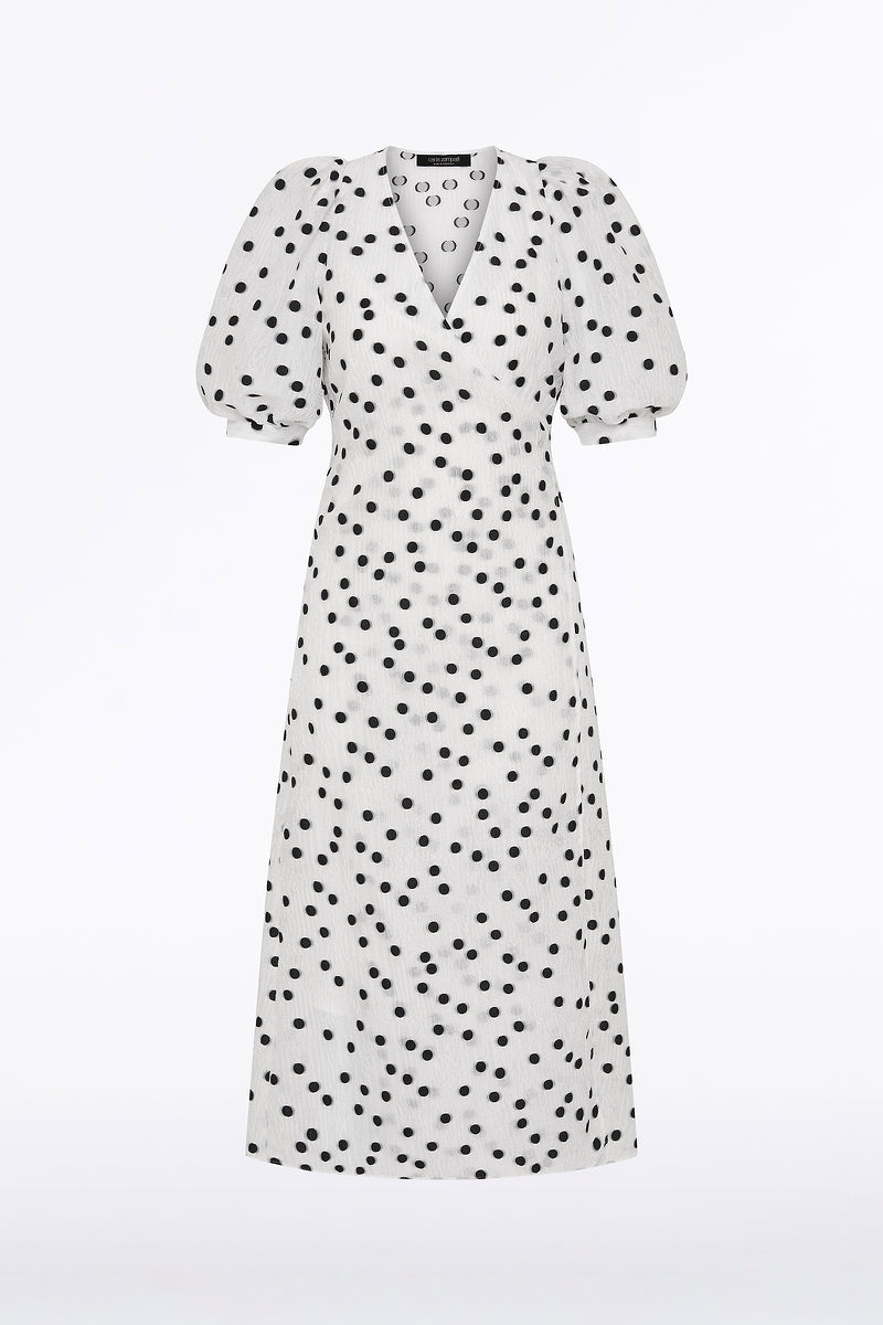 Carla Zampatti And Black Spot Jacquard Puff Sleeve Wrap Dress (White)