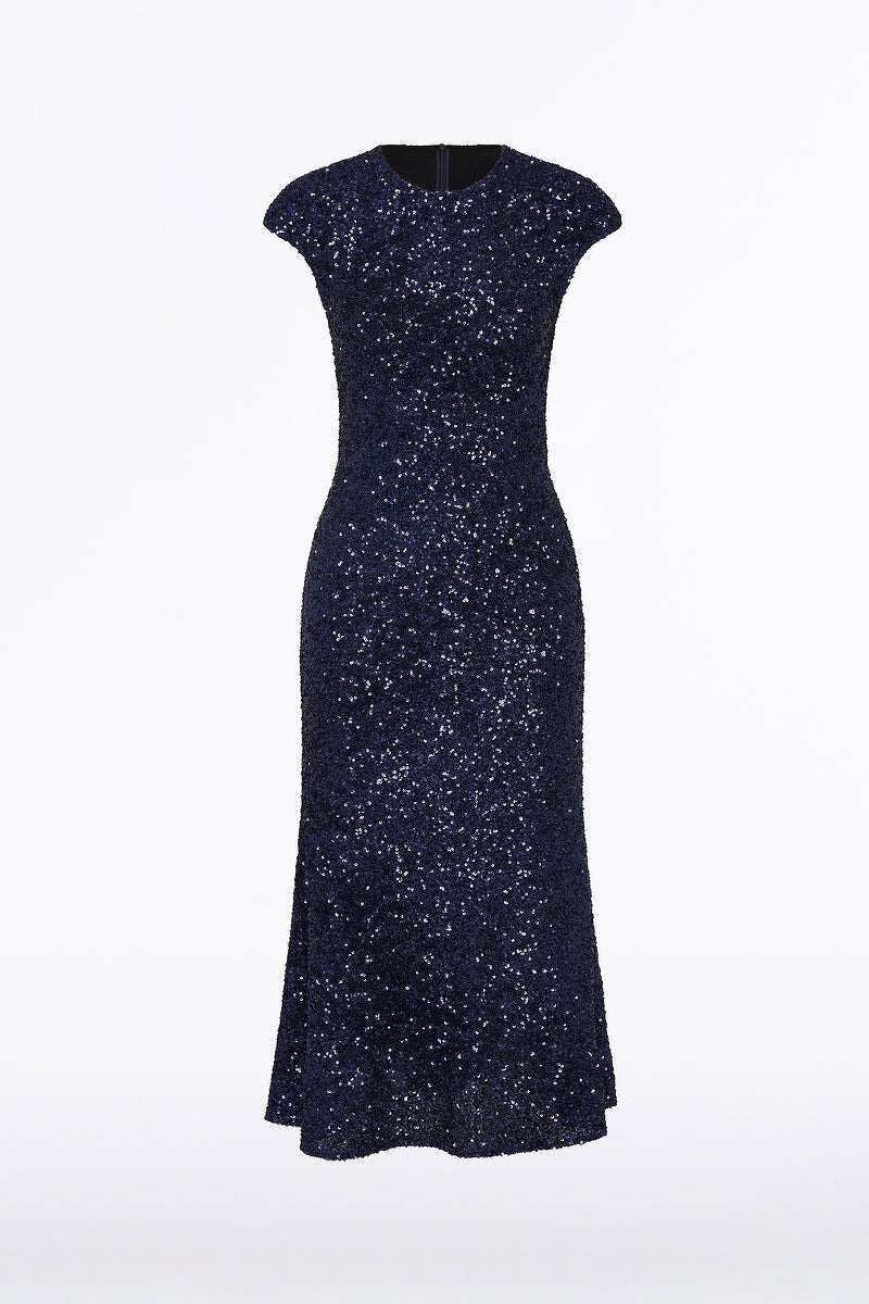 Carla Zampatti Midnight Crushed Sequin Fluted Midi Dress (Navy)