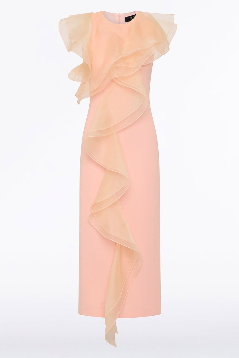 Carla Zampatti Pale Rose Crepe Ruffle Front Midi Dress (Pink)