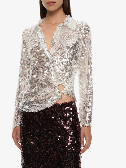 CHRISTOPHER ESBER Opaline Sequin Long Sleeve Polo (Silver)