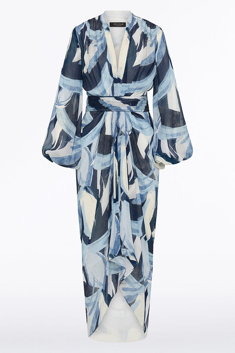 Carla Zampatti Painted Floral Georgette Waterfall Dress (Blue)