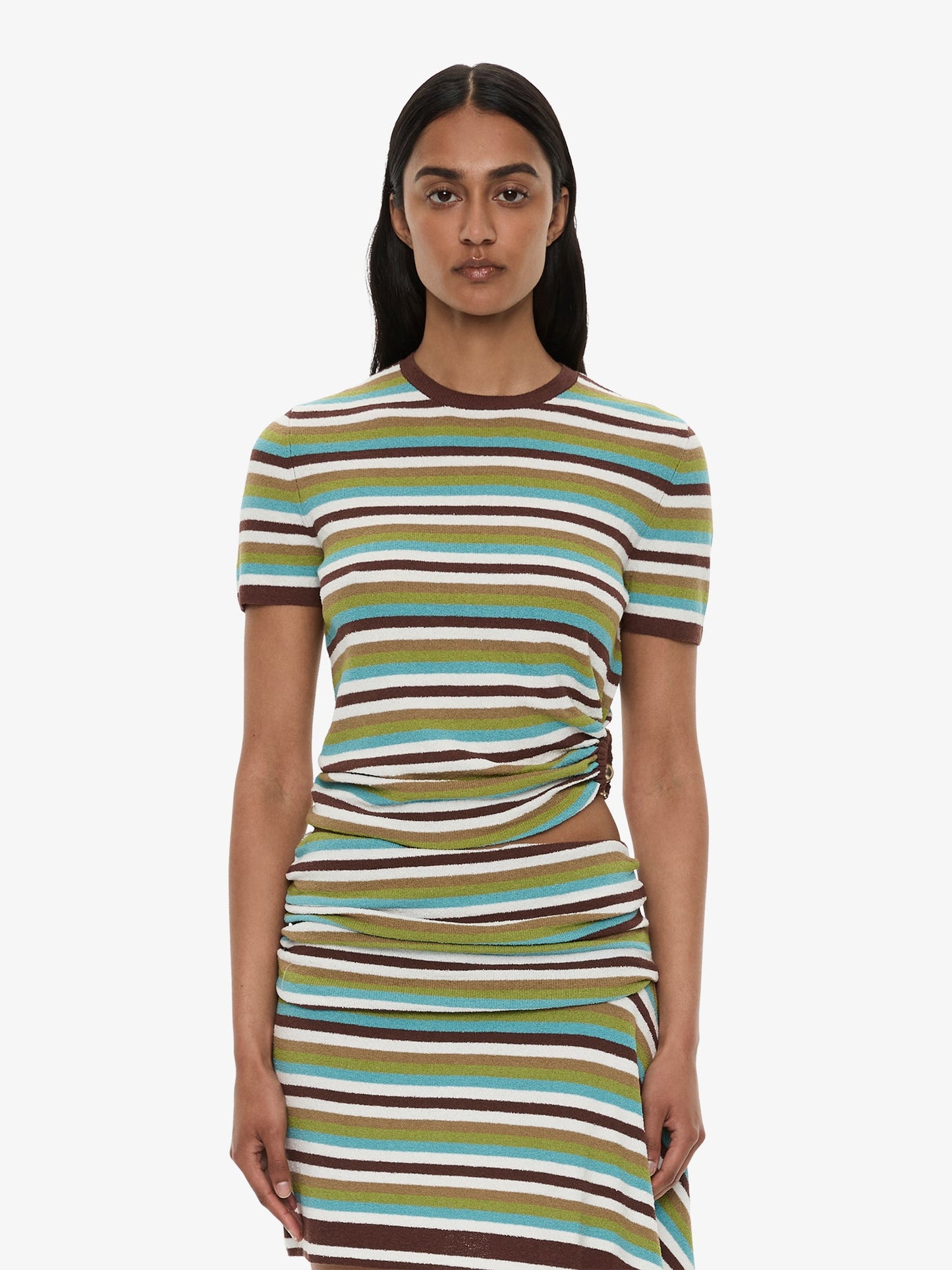 Image of a model wearing Tops. Product name - Stripe Knit Orbit Tee in Stripe colour by brand - CHRISTOPHER ESBER
