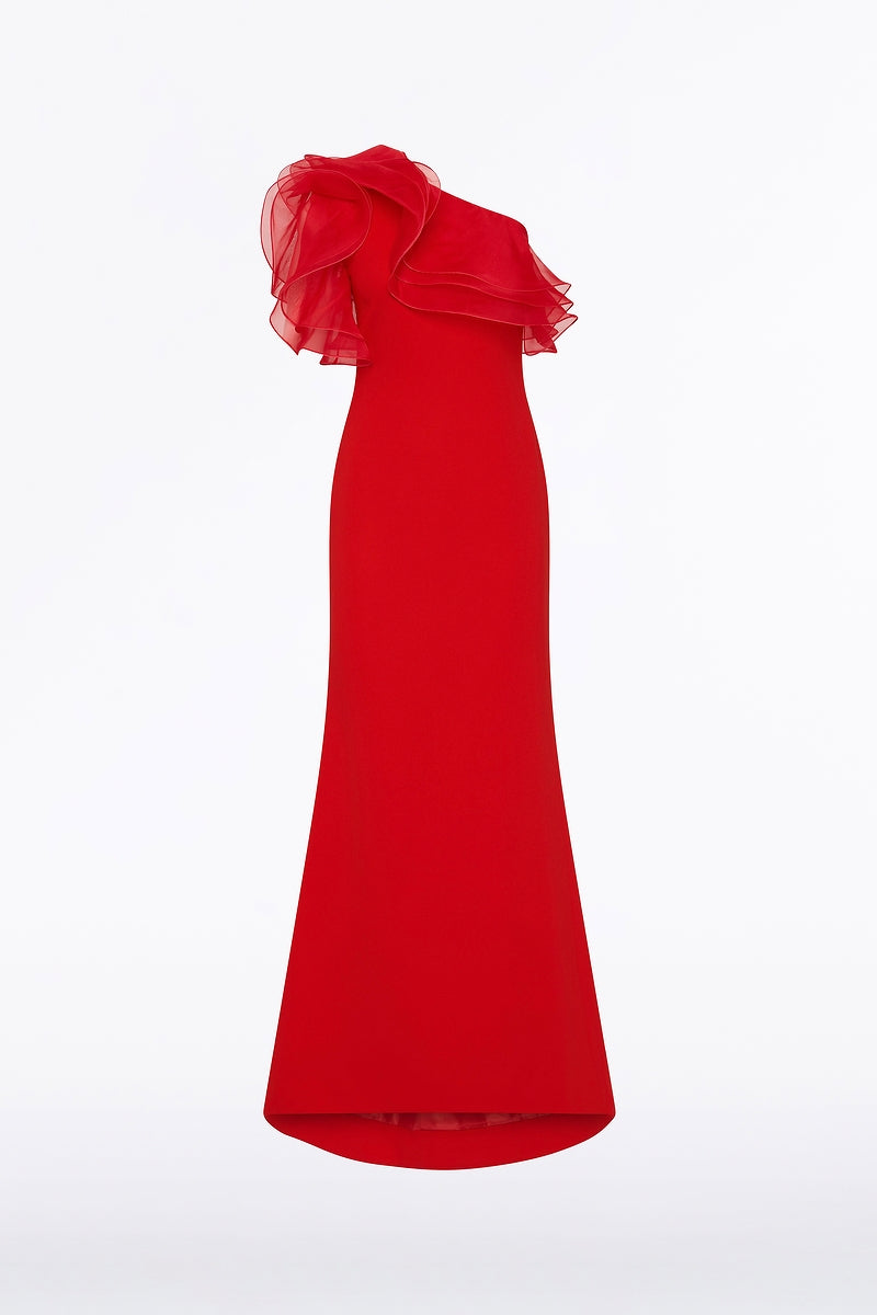 Carla Zampatti Crepe One Shoulder Organza Ruffle Gown (Red)