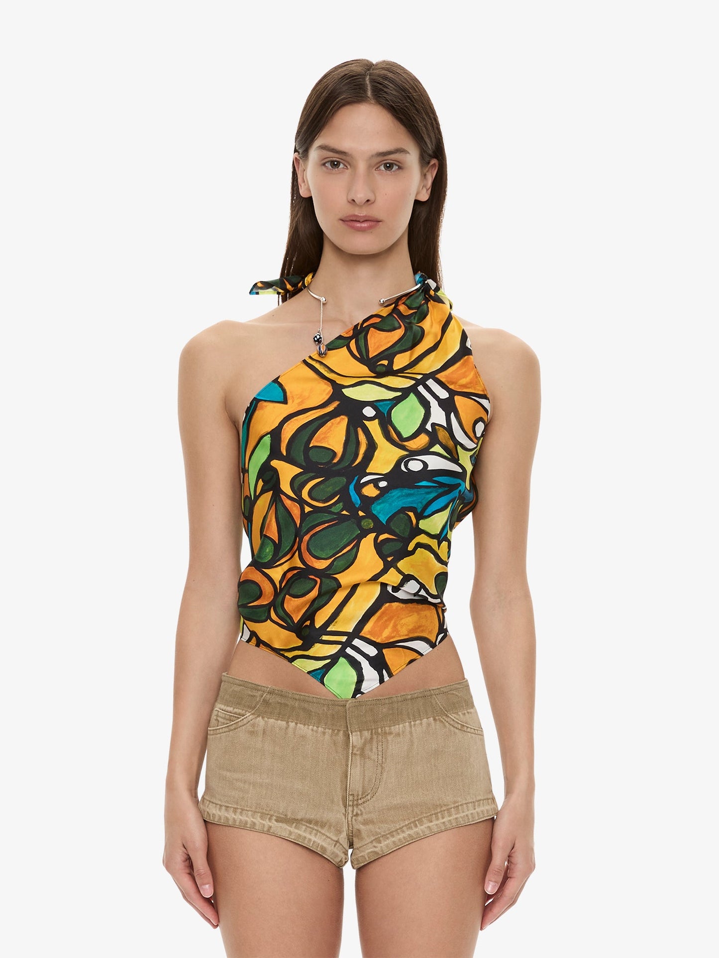 Image of a model wearing Tops. Product name - Tropic Nouveau Scarf Tie Top in Print colour by brand - CHRISTOPHER ESBER