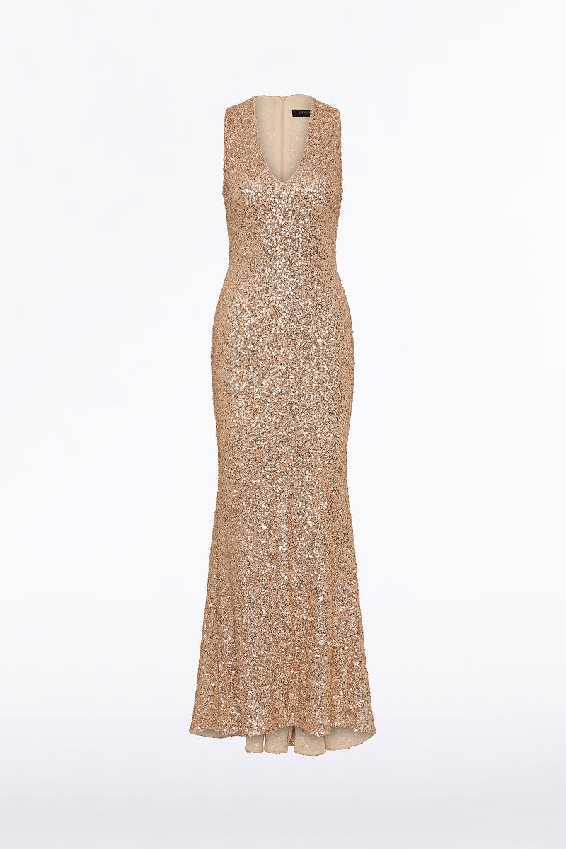 Carla Zampatti Champagne Crushed Sequin V-Neck Gown (Gold)