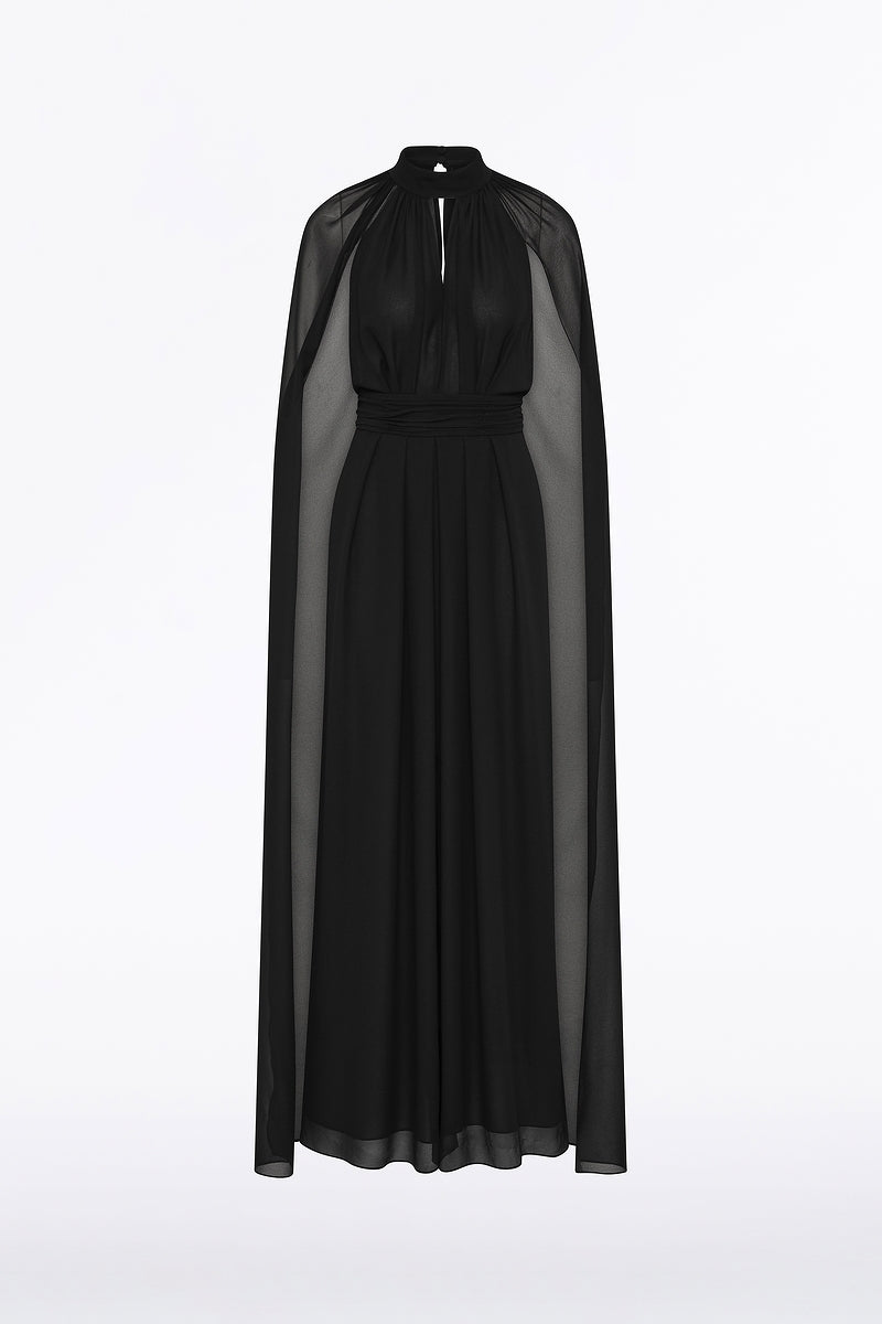 Carla Zampatti Georgette Halter Cape Gown (Black)