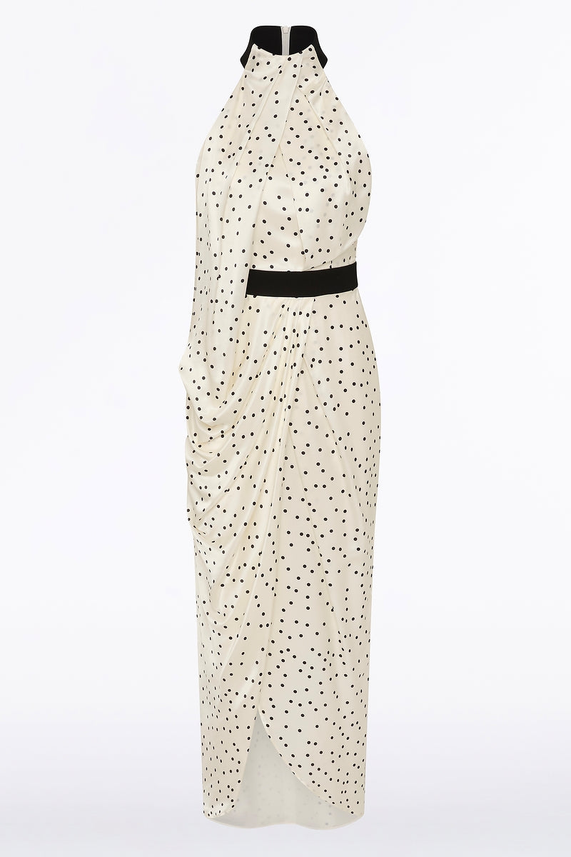 Carla Zampatti Monochrome Dot Silk Viscose Halter Draped Gown (Ivory)
