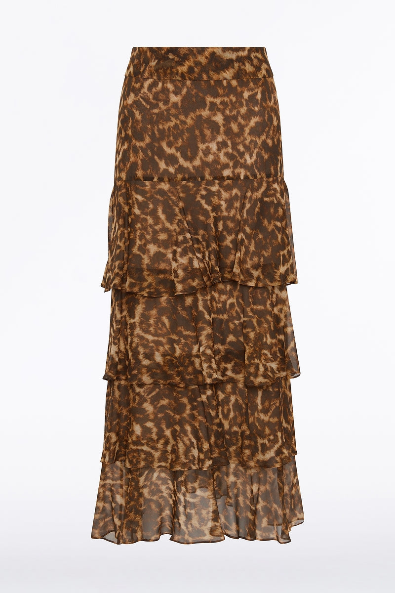 Carla Zampatti Leopard Silk Tiered Maxi Skirt (Brown)