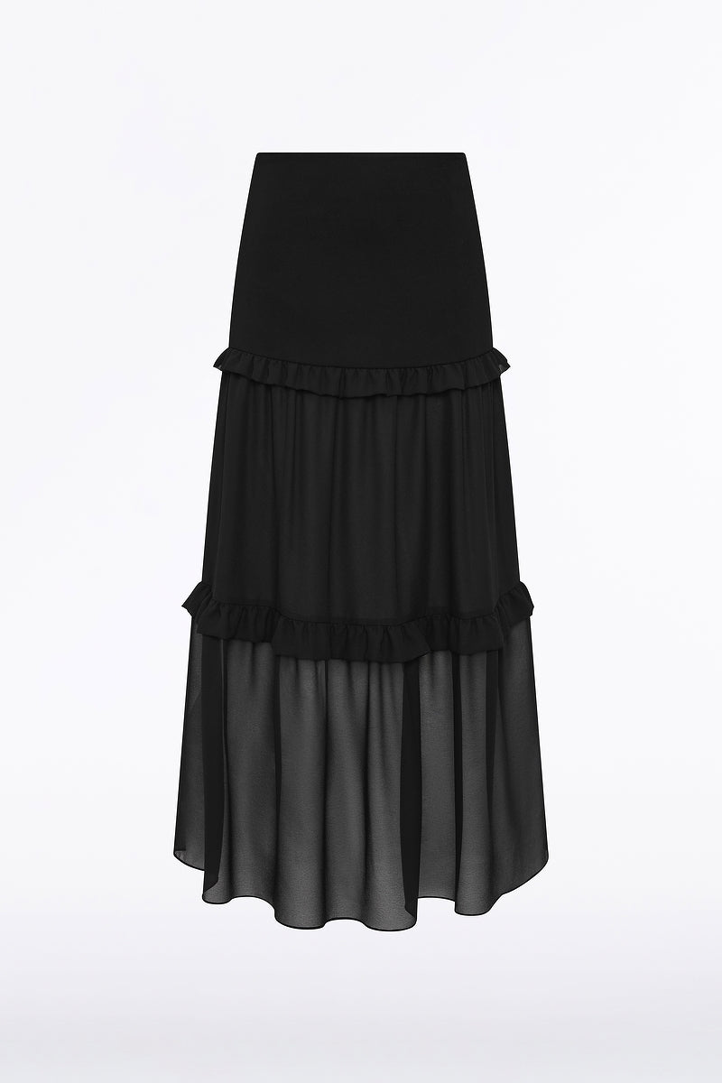 Carla Zampatti Crepe Tiered Ruffle Midi Skirt (Black)