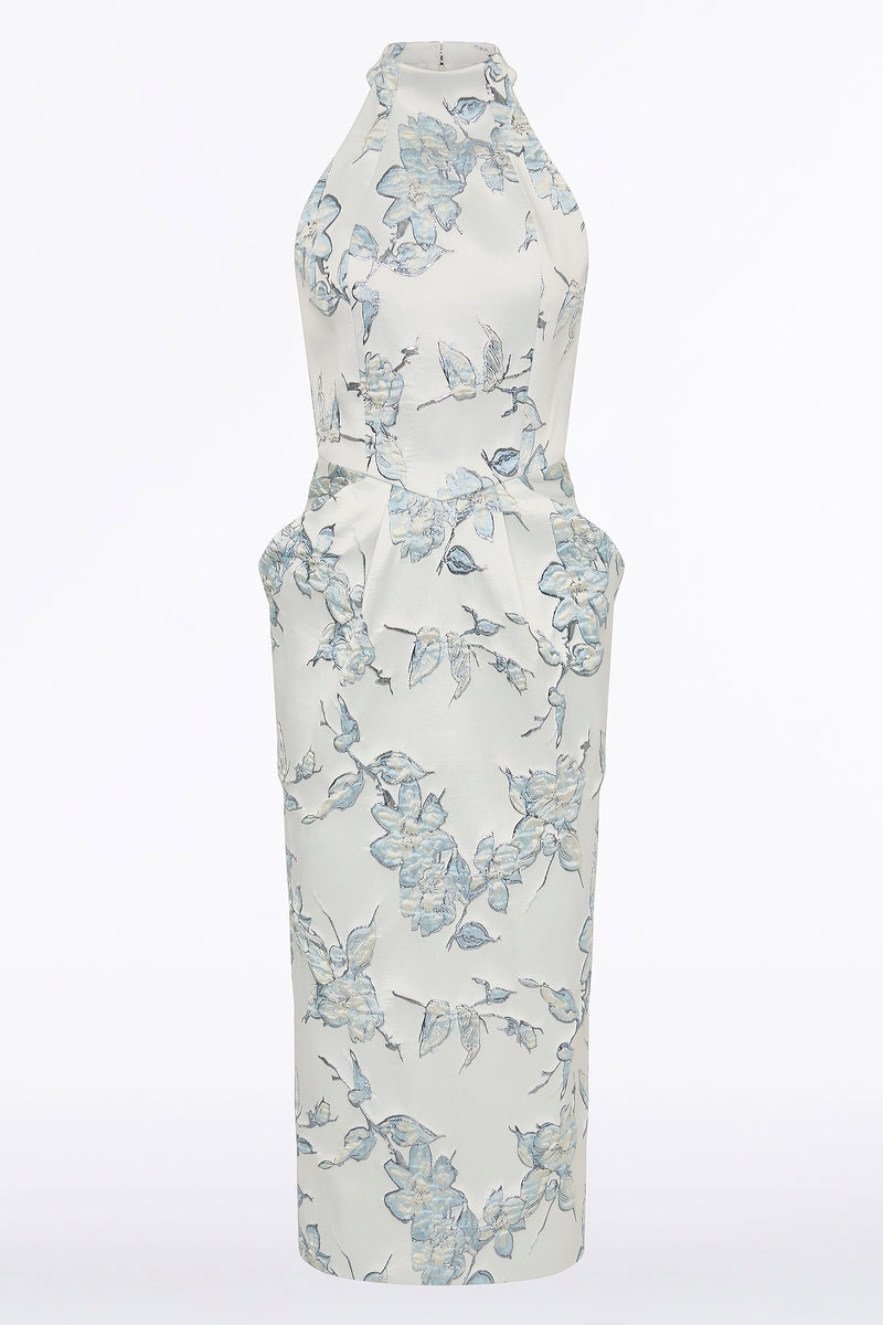 Carla Zampatti Murano Brocade Halter Neck Midi Dress (White)