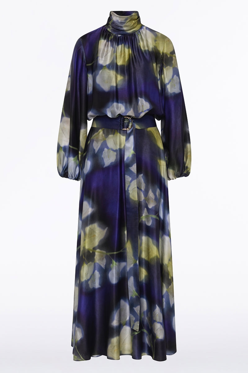 Carla Zampatti Calla Lily Silk Viscose Gathered Sleeve Dress (Blue)