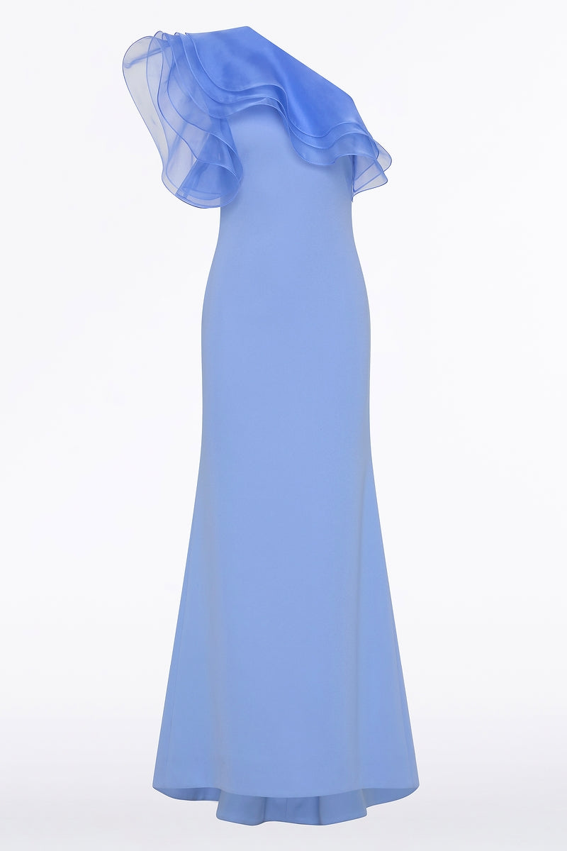 Carla Zampatti Cornflower Crepe One Shoulder Organza Ruffle Gown (Blue)