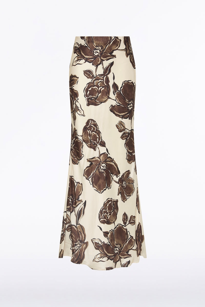 Carla Zampatti Mocha Bouquet Silk Viscose Bias Fishtail Skirt (Brown)