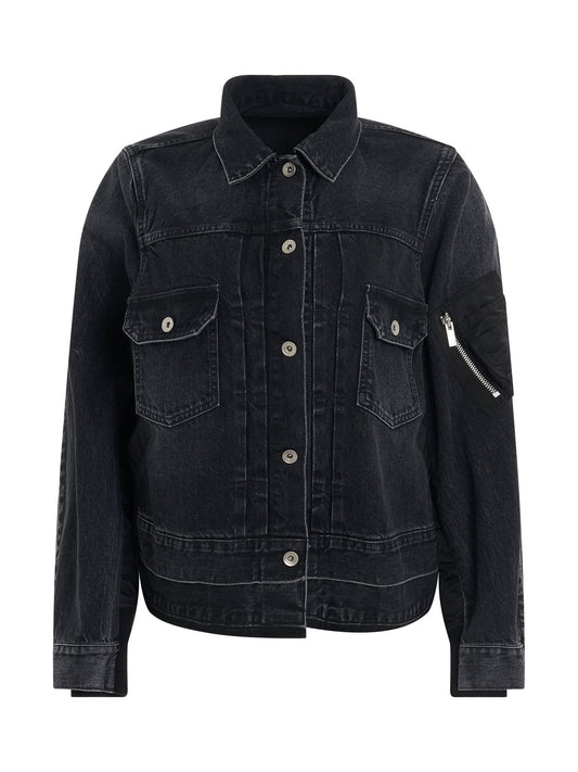 Image of a model wearing Denim. Productname: SACAI Denim & Nylon Twill Jacket in Black colour by brand - SACAI
