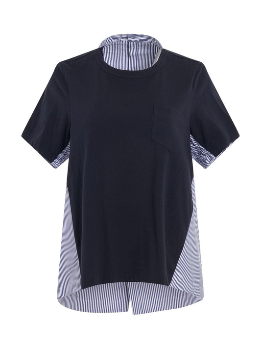 Image of a model wearing Tops. Productname: SACAI Panelled Cotton T-Shirt in NAVY colour by brand - SACAI