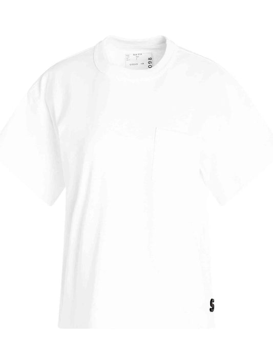 Image of a model wearing Tops. Productname: SACAI S Cotton Jersey T-Shirt in White colour by brand - SACAI