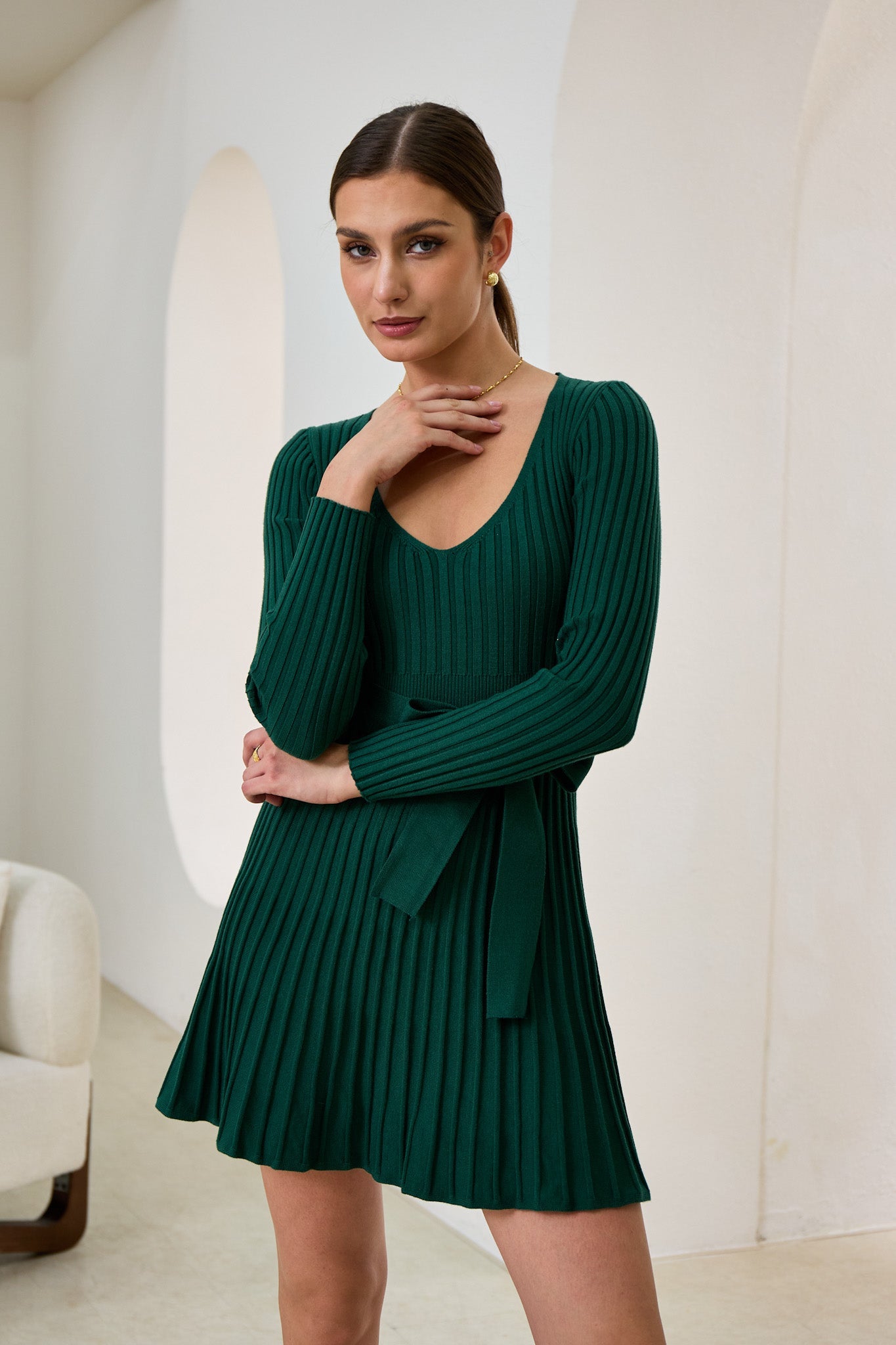 Heychic Cina Pleated Knit Mini Dress (Green)