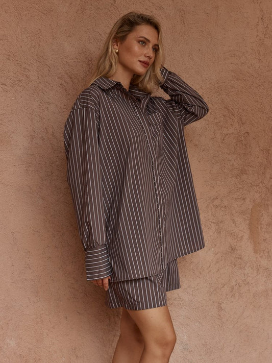 Sass Clothing Marty Piped Stripe Shirt (Choc Stripe)