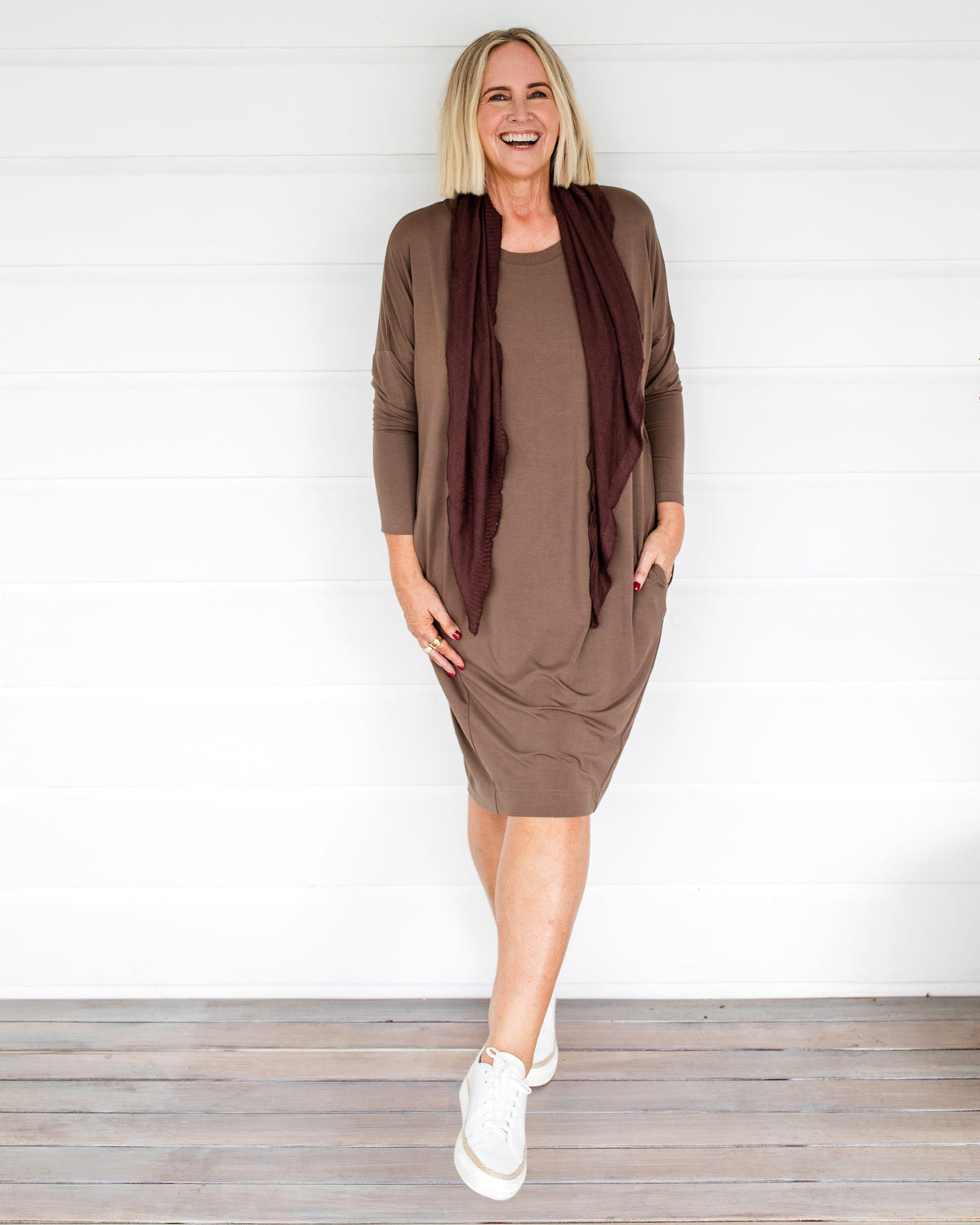 Image of a model wearing Outerwear. Product name - Sassoon Cashmere/Bamboo Scarf Chicory Coffee in Chicory Coffee colour by brand - Lou Lou