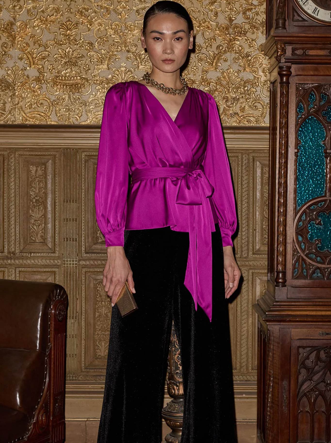 Sacha Drake Satin Faux Wrap Top (Magenta)