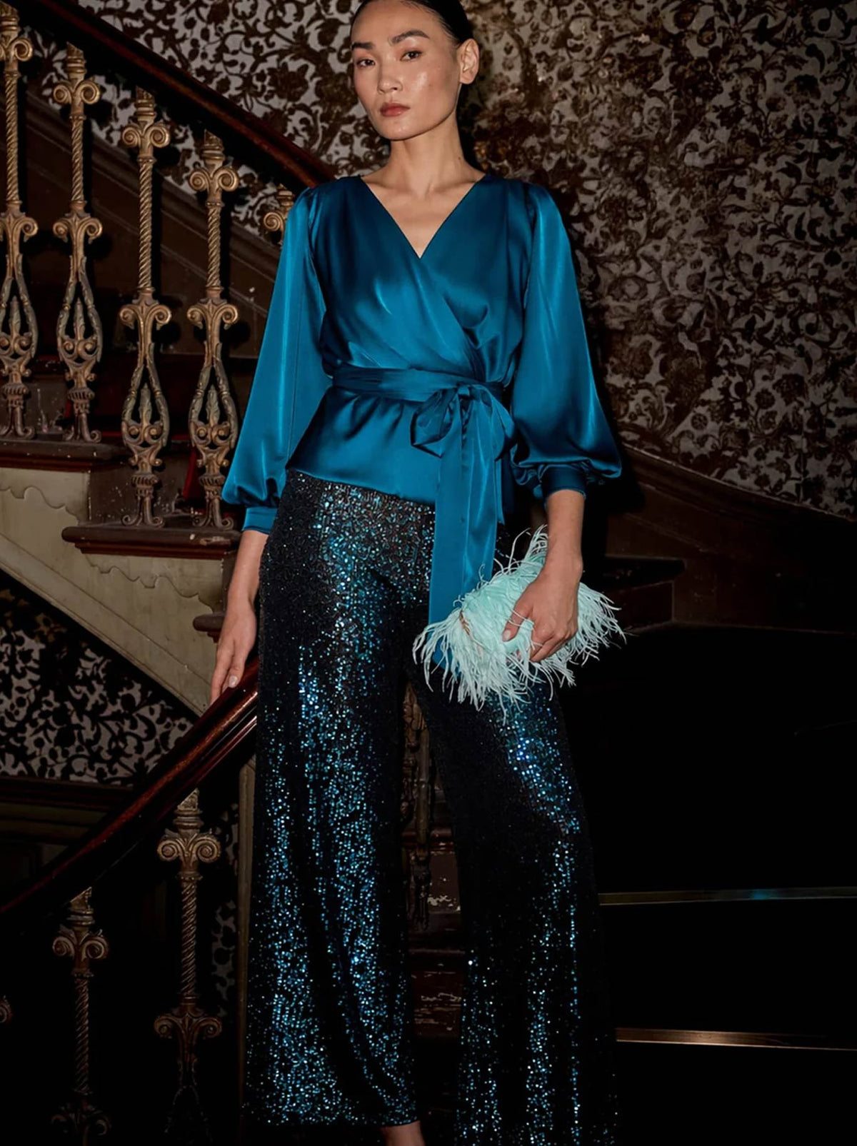 SACHA DRAKE SEQUIN PALAZZO PANT (Peacock)