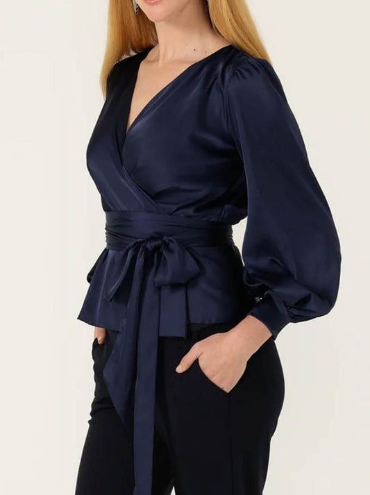 SACHA DRAKE SATIN FAUX WRAP TOP (Navy)
