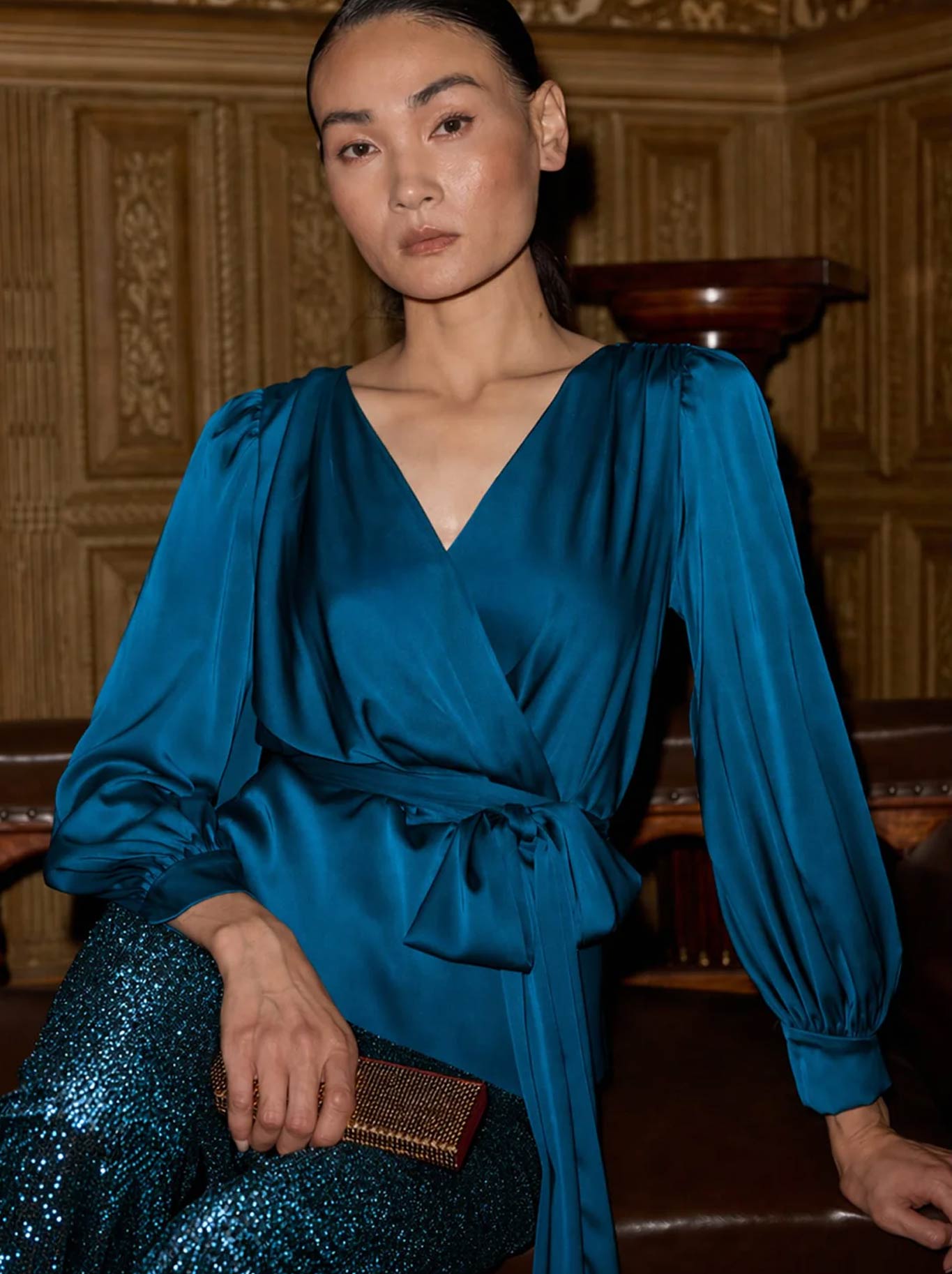 SACHA DRAKE SATIN FAUX WRAP TOP (Peacock)