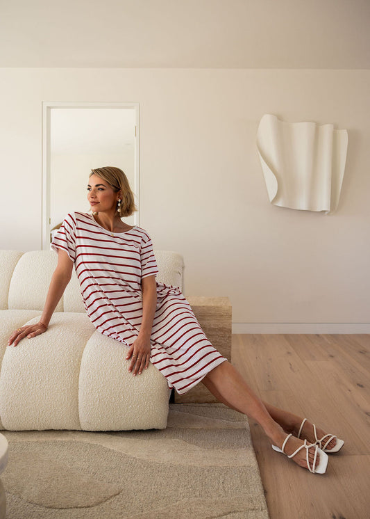 Lou Lou Sade Bamboo Oversized T-Shirt Midi Dress (Lipstick & White Stripe)