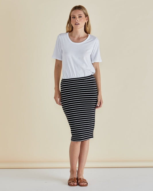 Betty Basics Alicia Midi Skirt (Black / White Stripe)