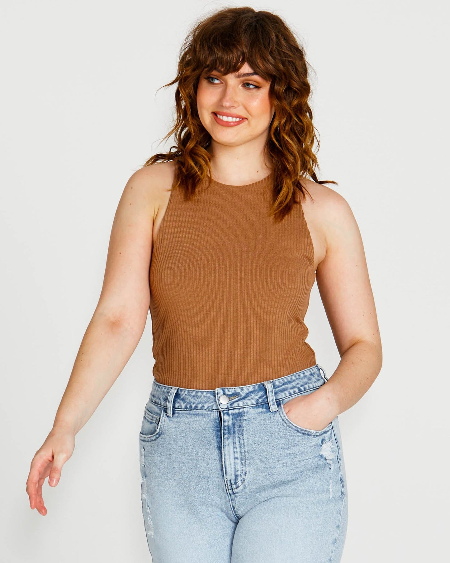 Sass Clothing Aubrey High Neck Cotton Basic Singlet (Brown)