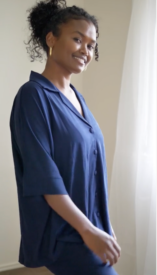 Lou Lou Alanis 3/4 Sleeve Collared Bamboo Shirt (Navy)