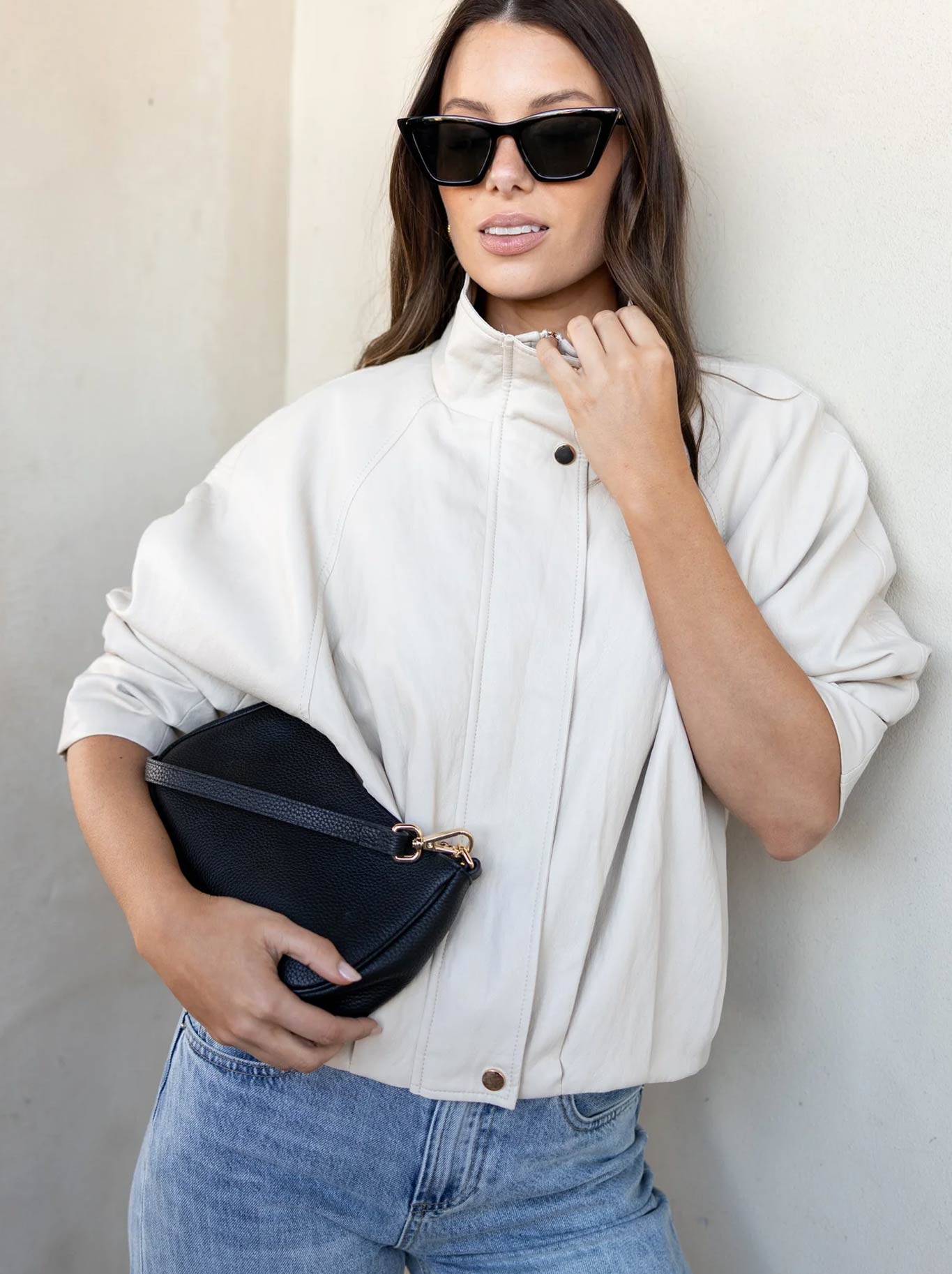 STORIES BE TOLD ENSEMBLE FAUX LEATHER ZIP BOMBER (Putty)