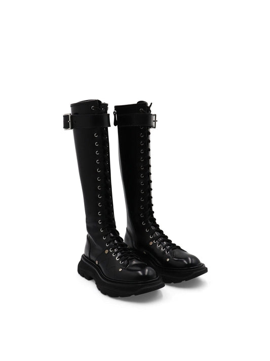 ALEXANDER MCQUEEN Tread Knee High Lace Up Boots (Black)