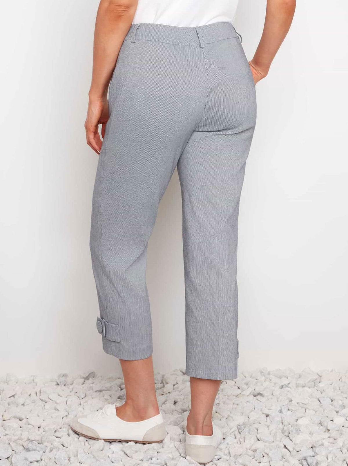 Up! Techno Wide Leg Crop Button Tab Pant (Navy Stripe)