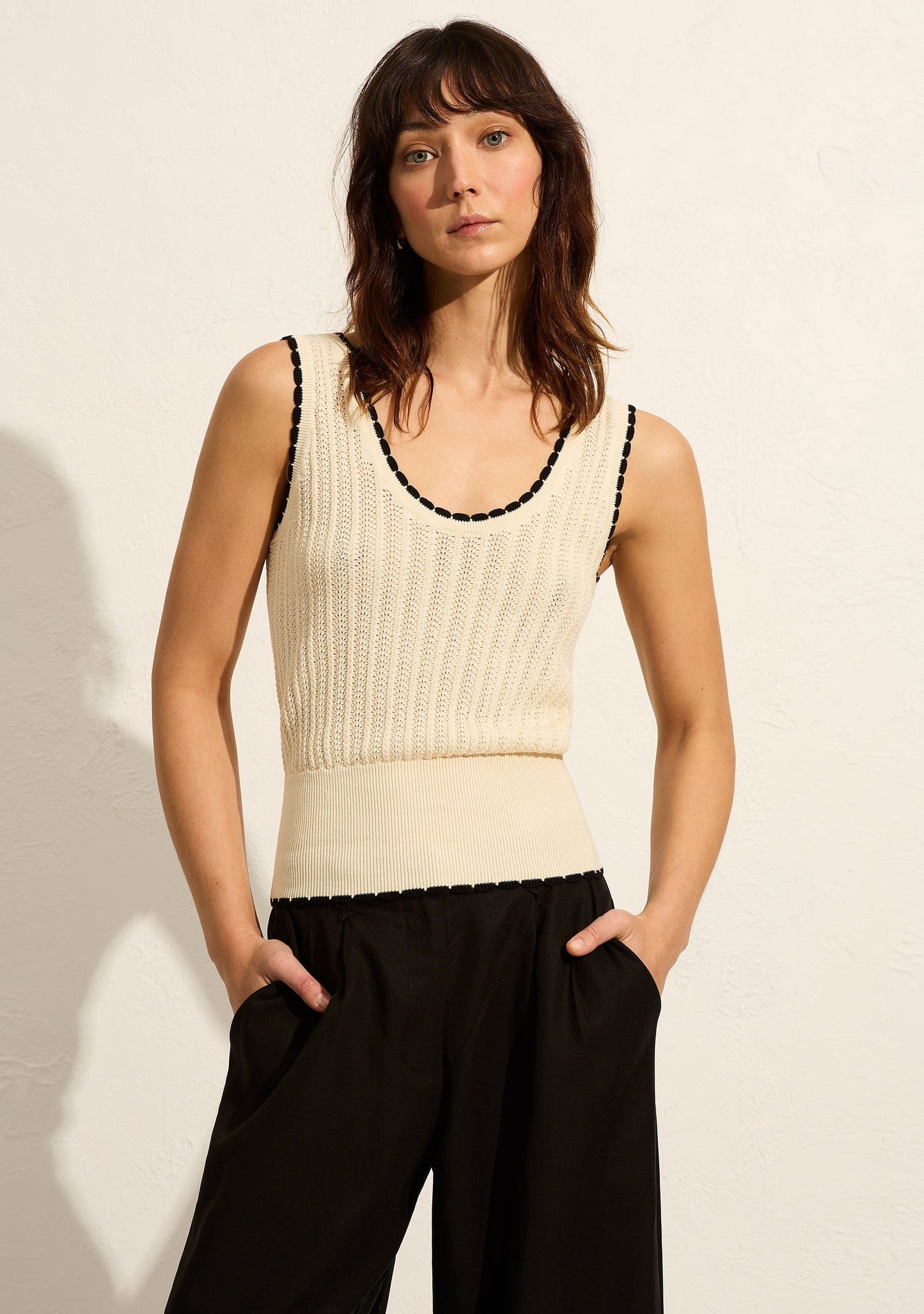 Image of a model wearing Outerwear. Productname: Auguste The Label Shiloh Knit Cami in Print colour by brand - Auguste The Label