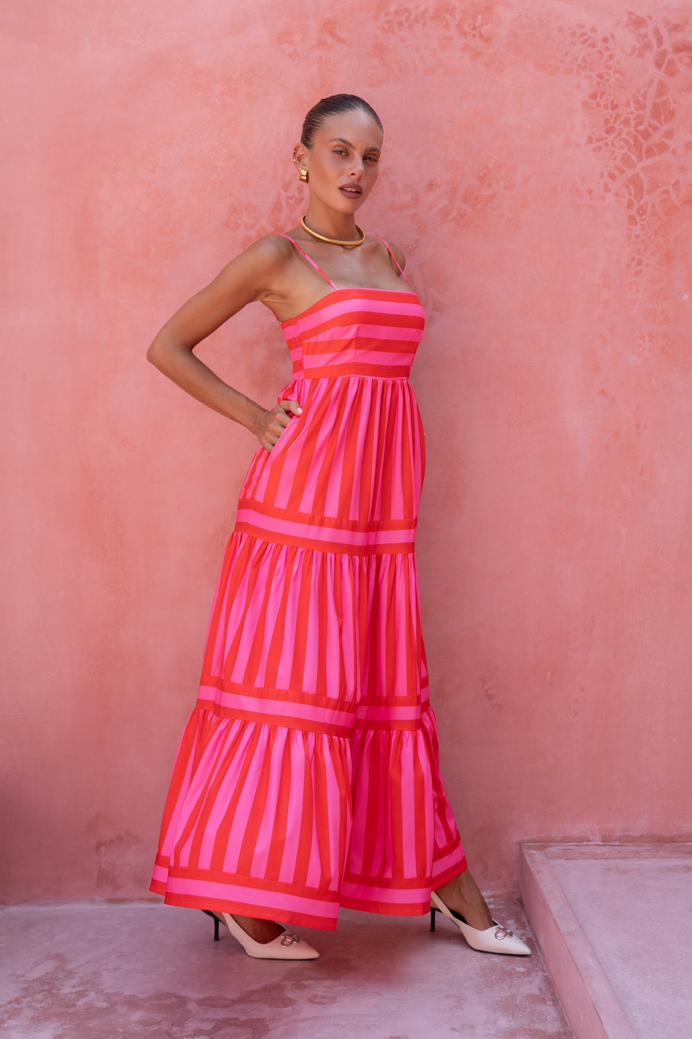 Heychic Pippa Red Stripe Maxi Dress (Pink)