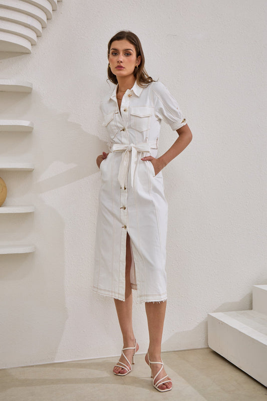 Heychic Coco Button Down Belted Midi Dress (White)